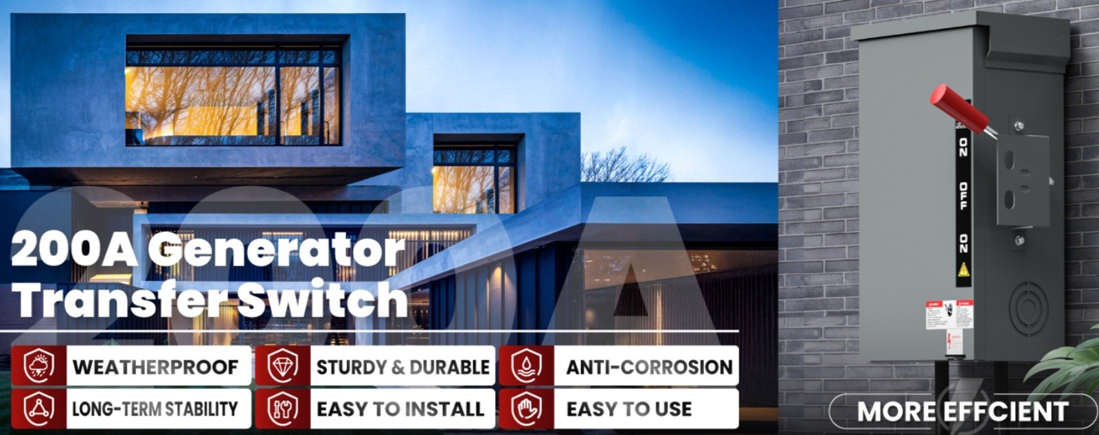 200 Amp Manual Generator Transfer Switch Heavy Duty 48000W General Double Throw