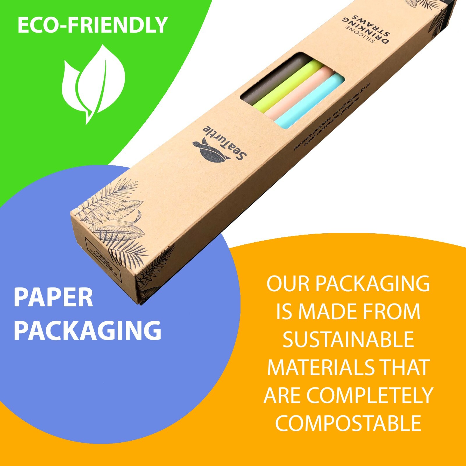 SeaTurtle Reusable Silicone Straws - 10 Pack - /w Cotton Bag and Cleaning Brush