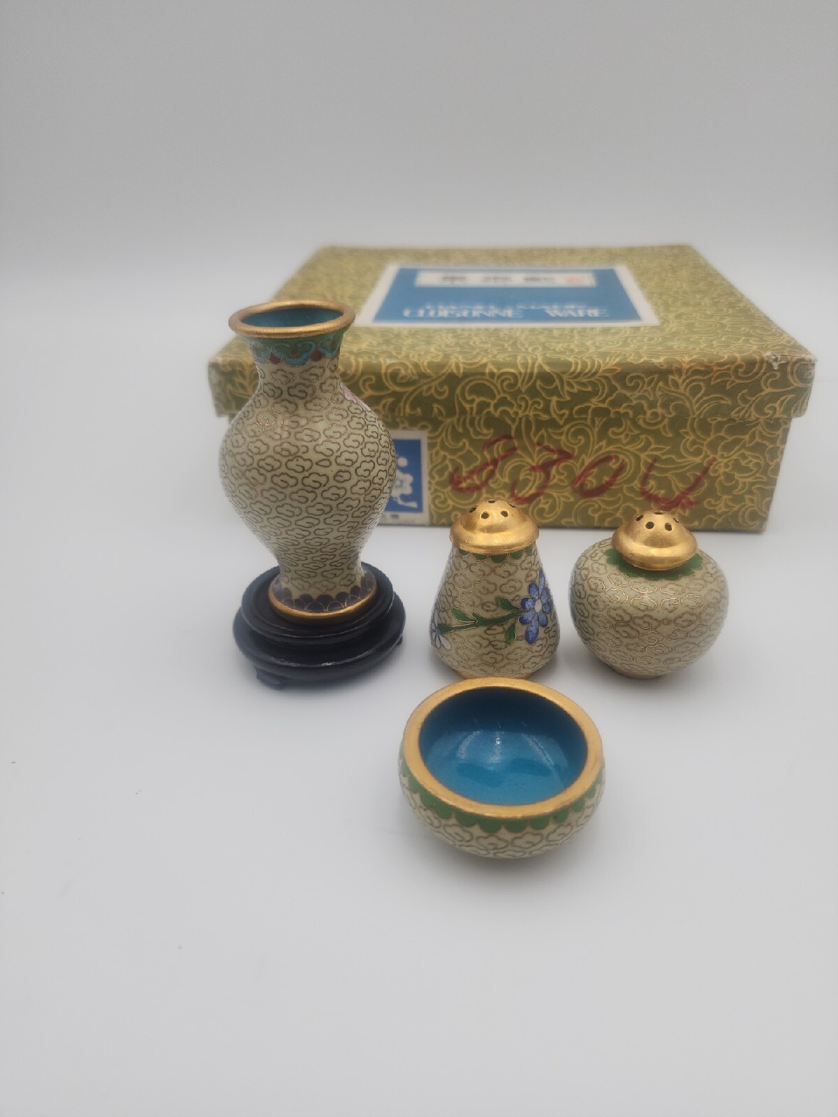 Vintage floral enamel cloisonne set- salt, pepper, vase, bowl, stand