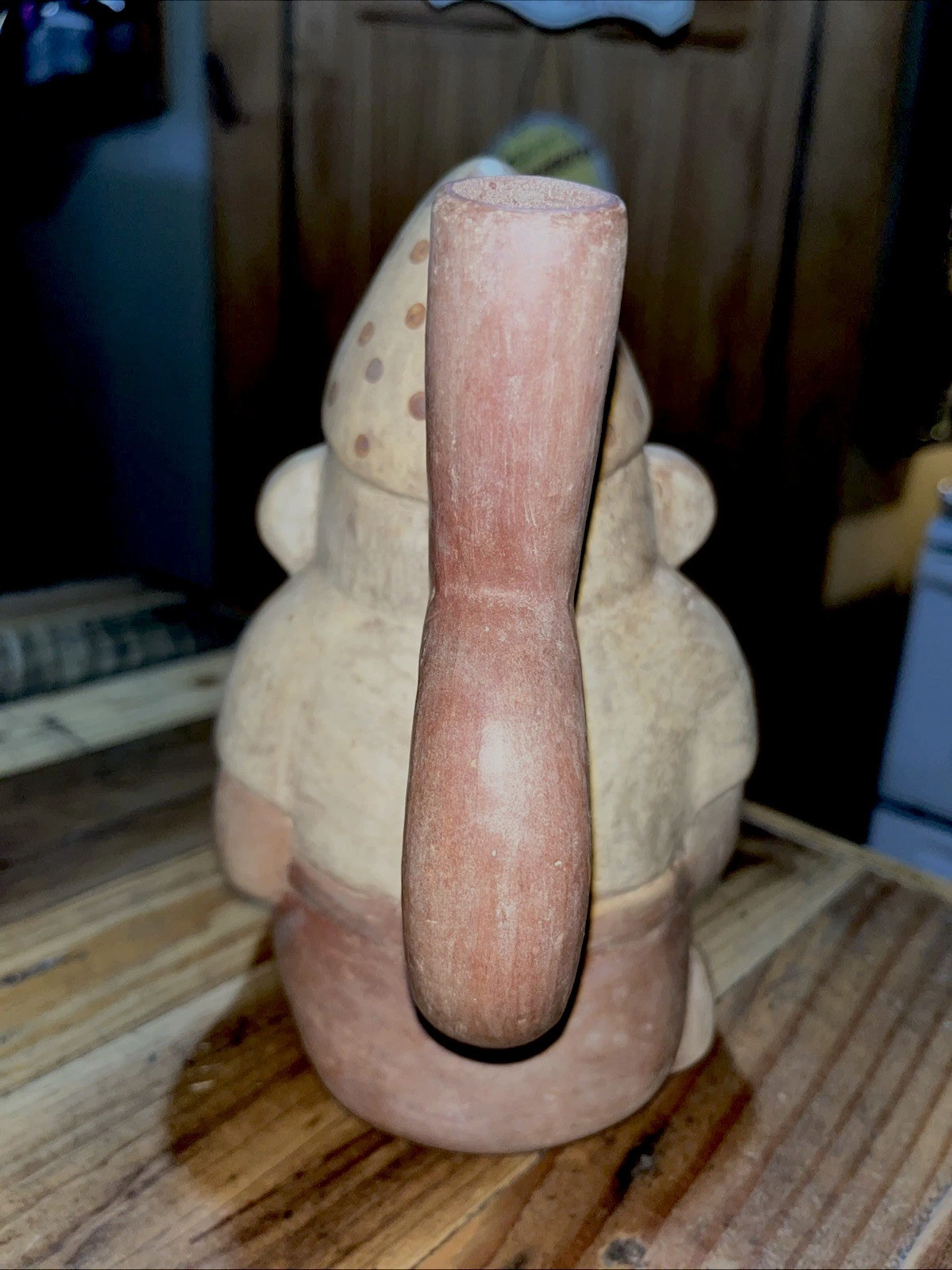 Peruvian Moche Pichu Style Pottery Stirrup Spout Vessel 8 1/2" Kneeling Warrior