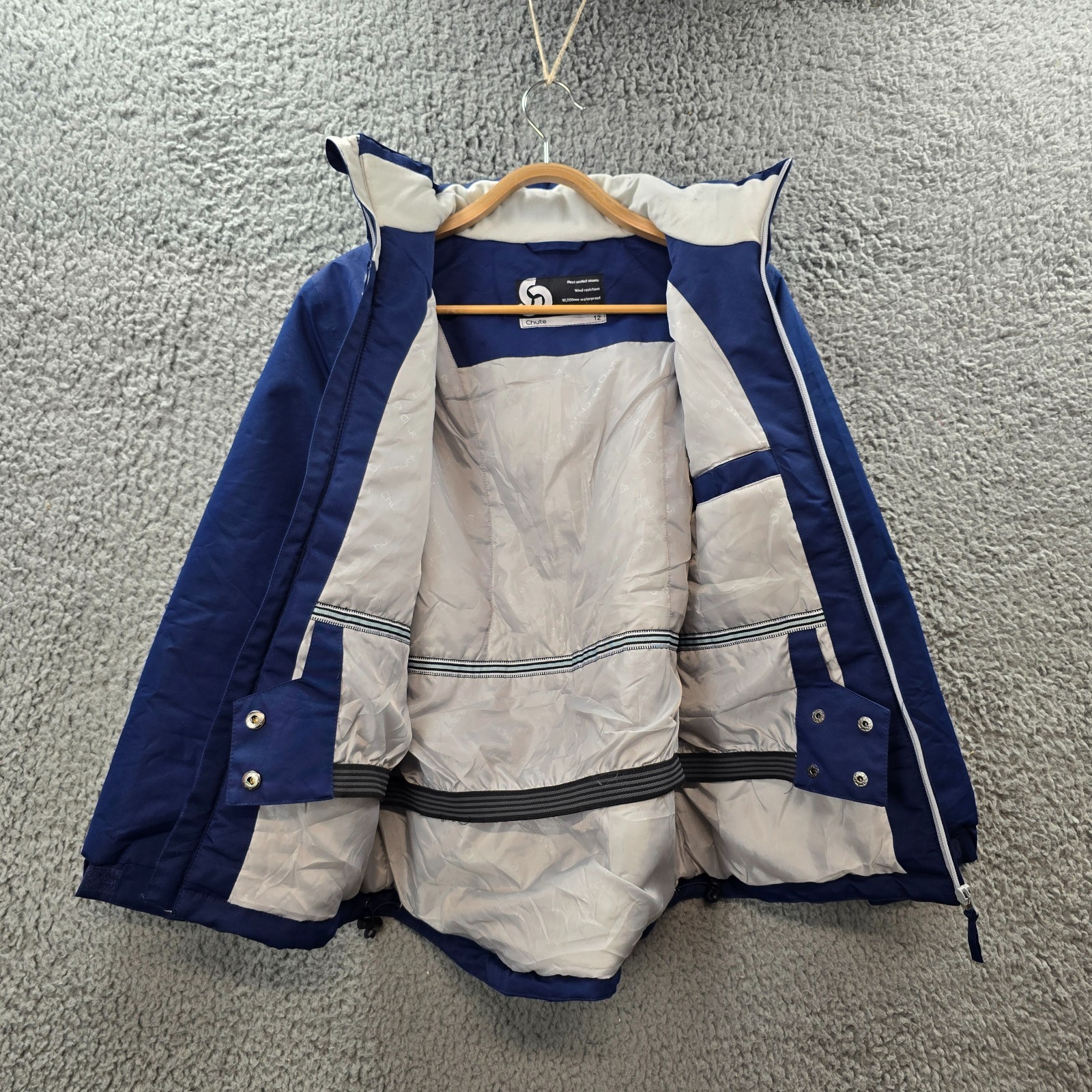 Chute Girls Skii Jacket Size 12 Blue Ivory Hooded Long Sleeve Waterproof