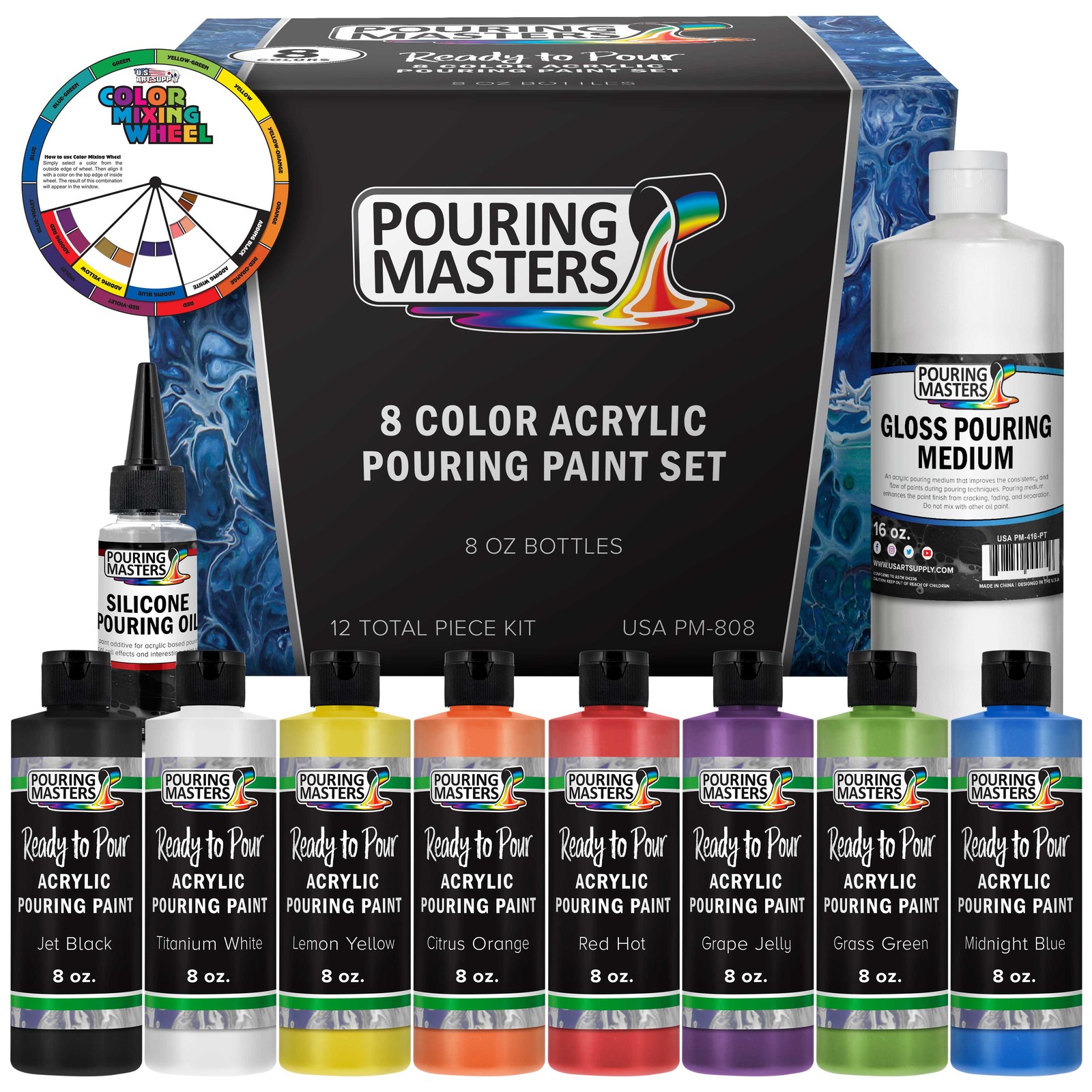 8-Color Ready to Pour Acrylic Pouring Paint Set Pre-Mixed High Flow 8oz Bottles