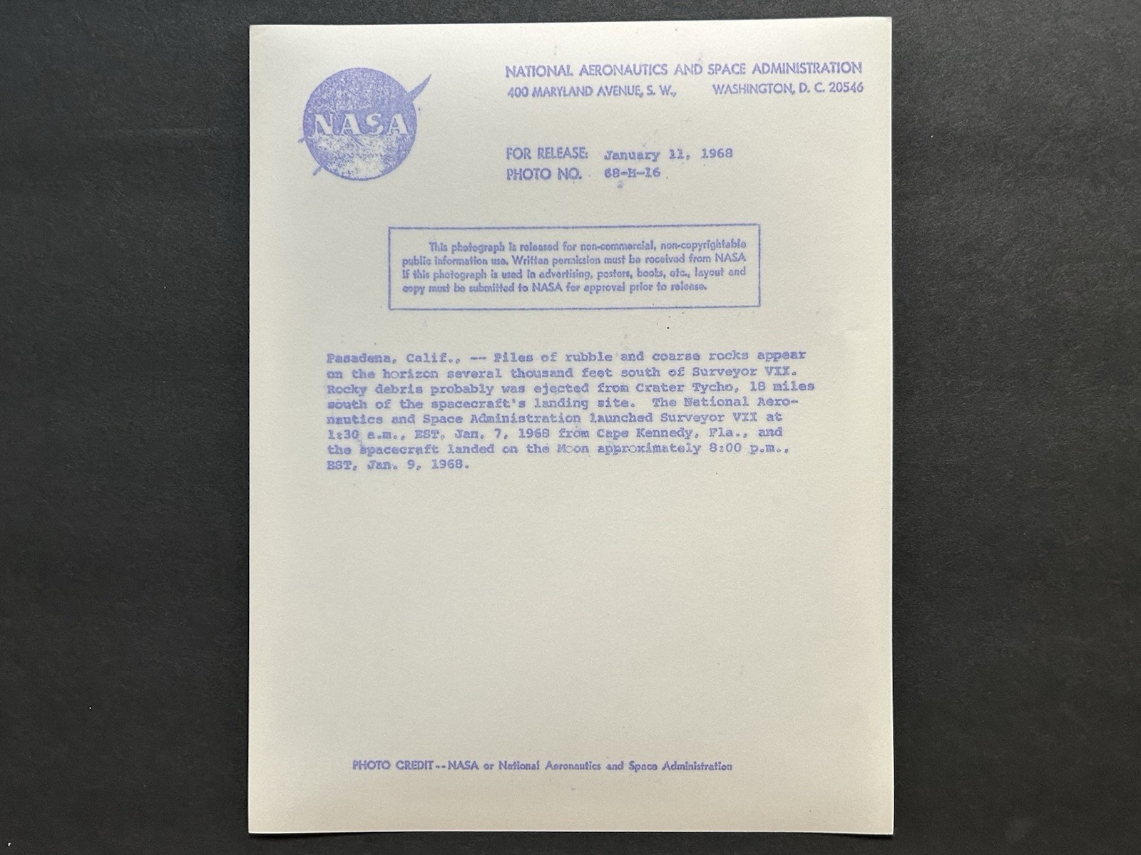 1968 NASA “Moon Surface Piles of Rubble Rocks” Surveyor VII Camera” Photograph