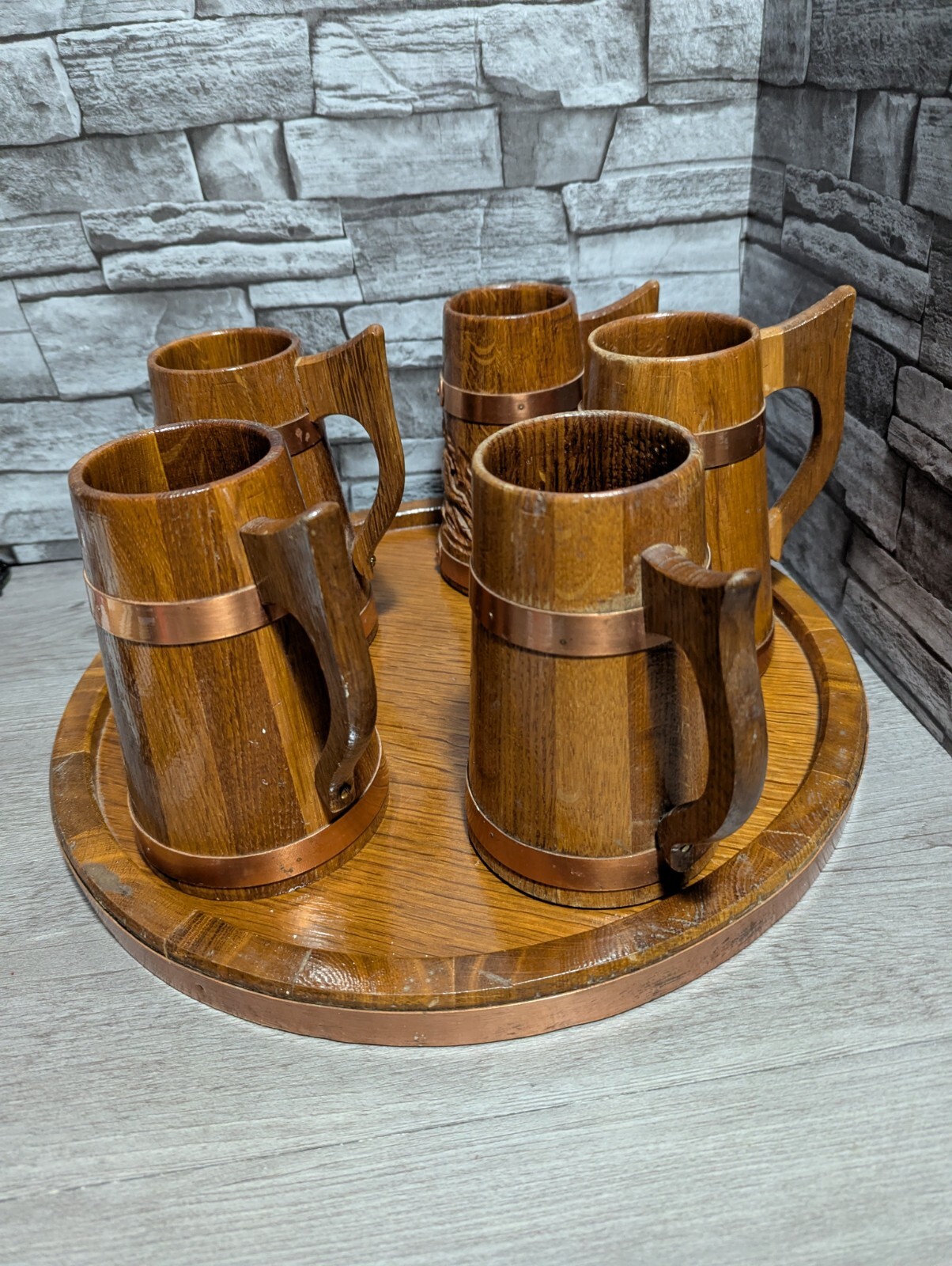 Vtg Set Of 5 Wood & Copper Beer Mug Stein Tankard Cups w/Tray Viking Bar Decor