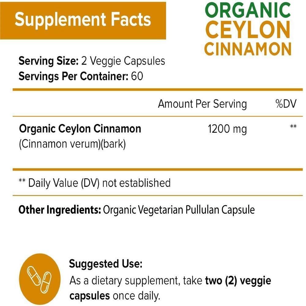 Organic Ceylon Cinnamon Capsules 1200mg - Maximum blood sugar support-120caps