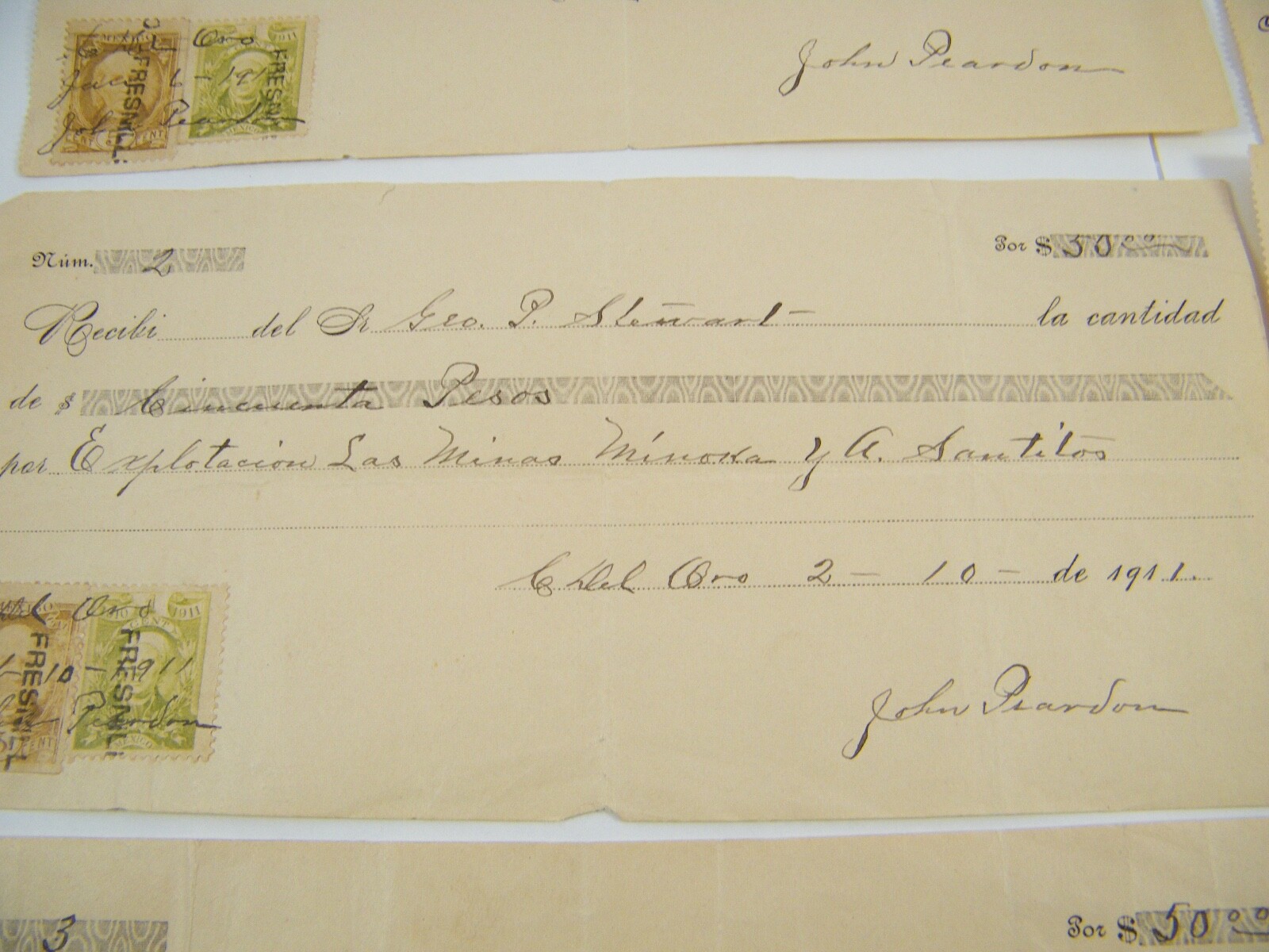 1911 EXPLOTACION MINOKA MINES PAYMENT RECEIPTS WRITTEN IN SPANISH 50 PESOS