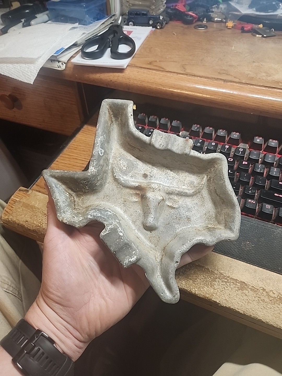 Vintage Large Rare Cast Aluminum Cigar Ashtray Texas Shape Longhorn 8"