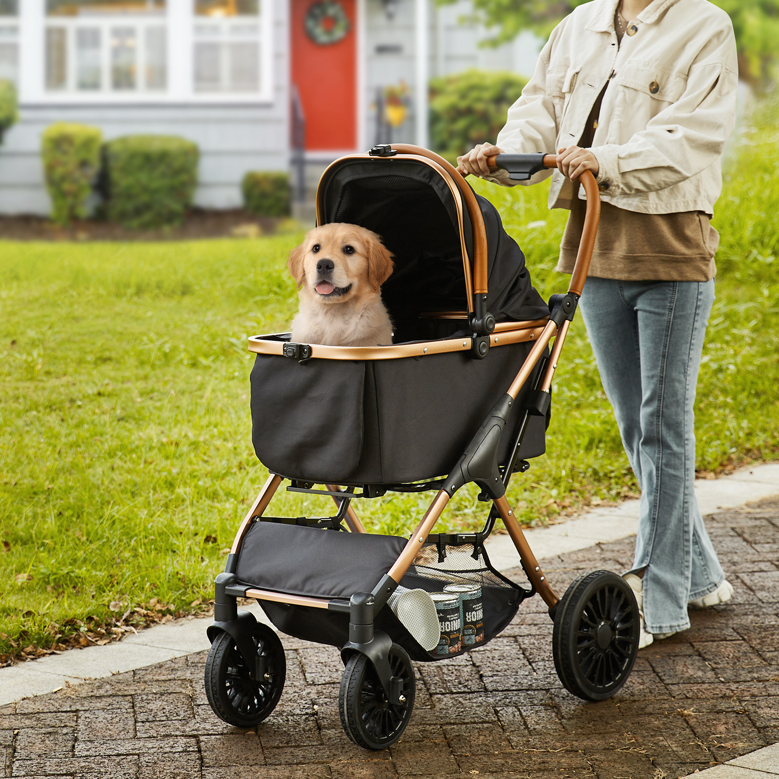 Pet Stroller 4 Wheels Dog Stroller with Brakes 66 lbs Weight Capacity