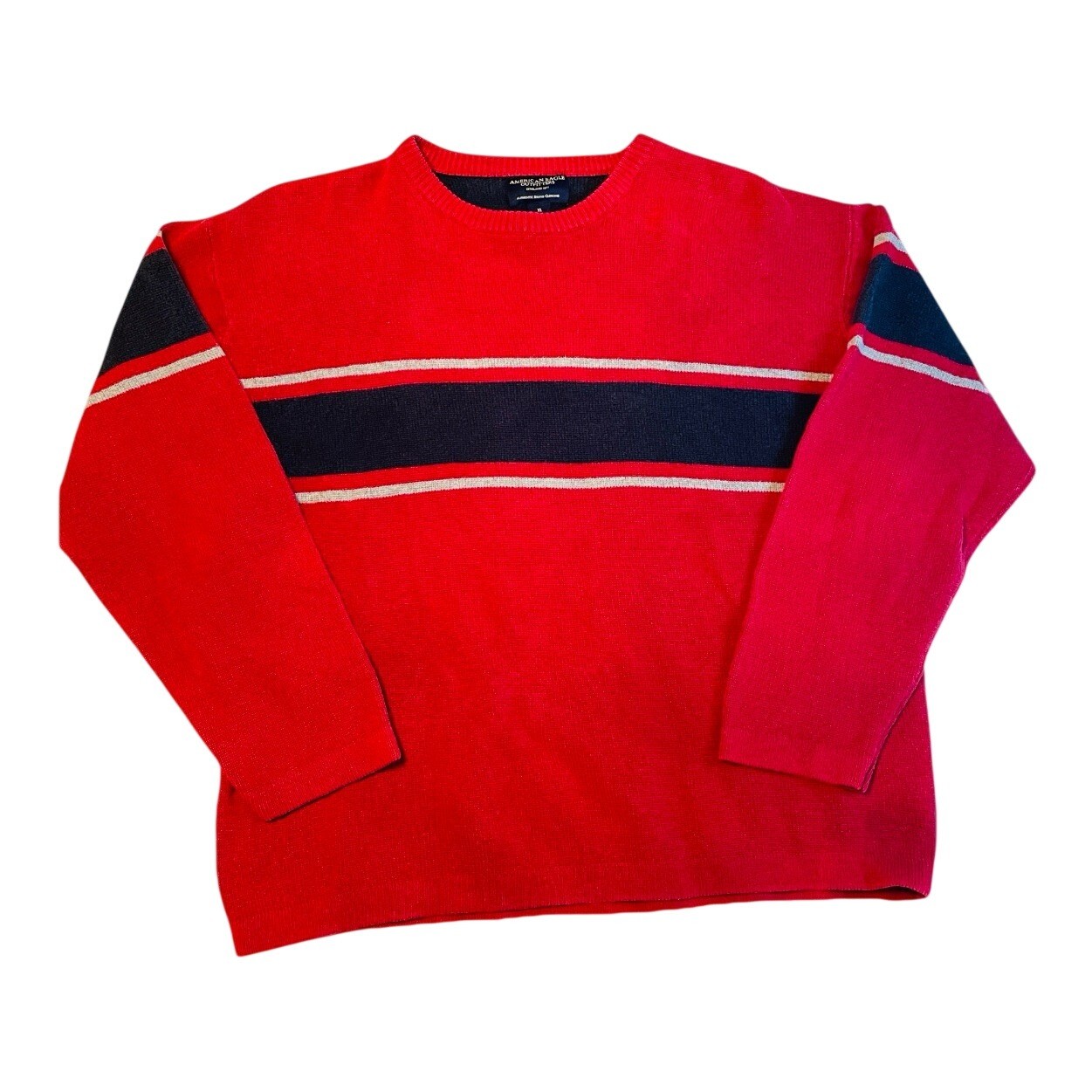 American Eagle Striped Knit Sweater Mens XL Red Navy Y2K Preppy Crewneck