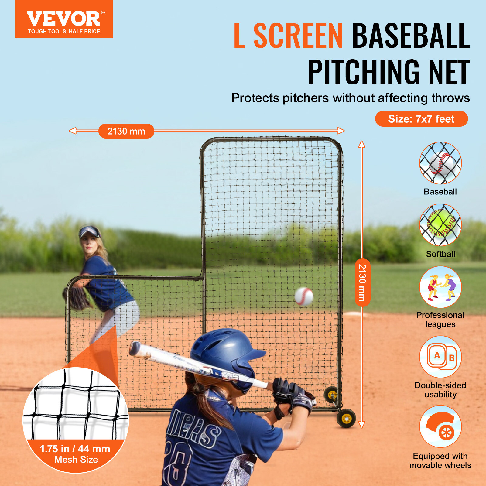 VEVOR L Screen Baseball Pitching Net for Batting Cage Softball Screen 7x7ft
