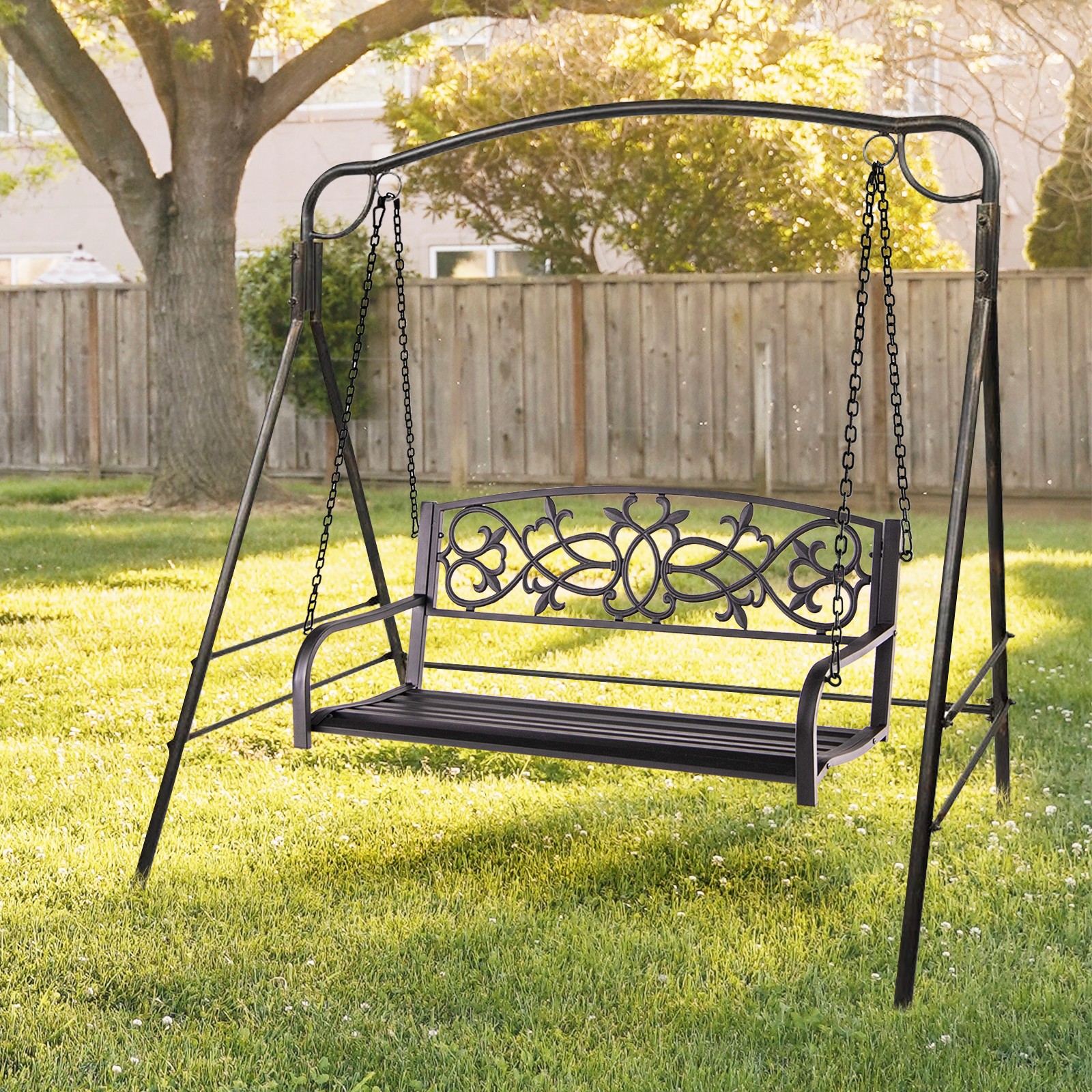 2-Person Metal Outdoor Porch Swing Hanging Patio Bench 485 Lbs Capacity Brown