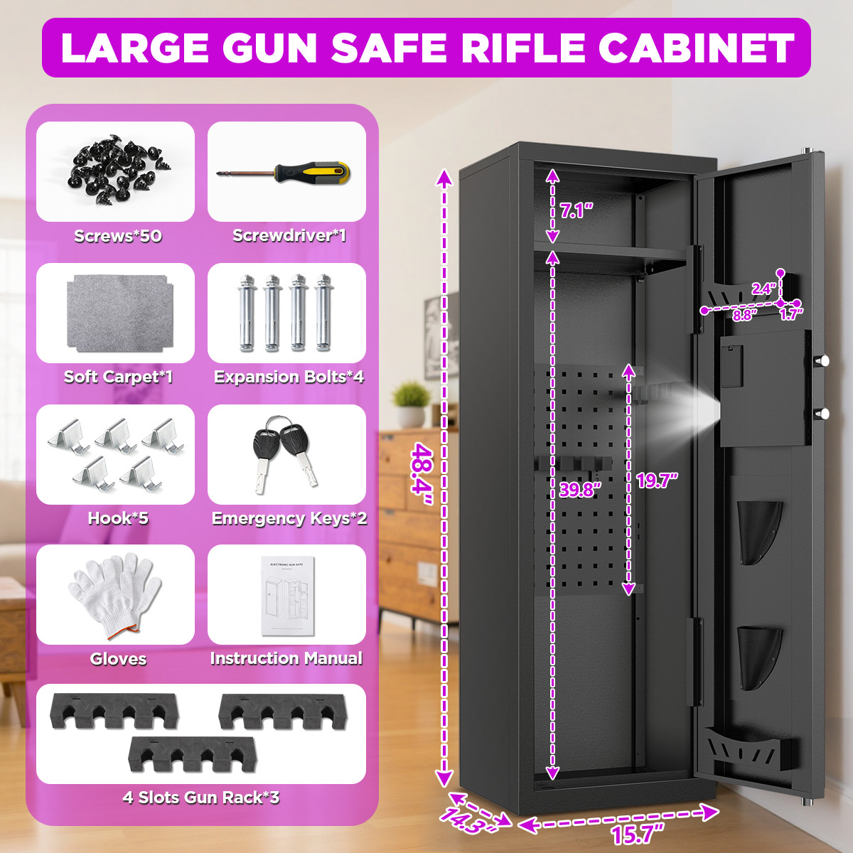 8-10 Rifle Pistols Cabinet Gun Safe Quick Access for Home Security Unassembly