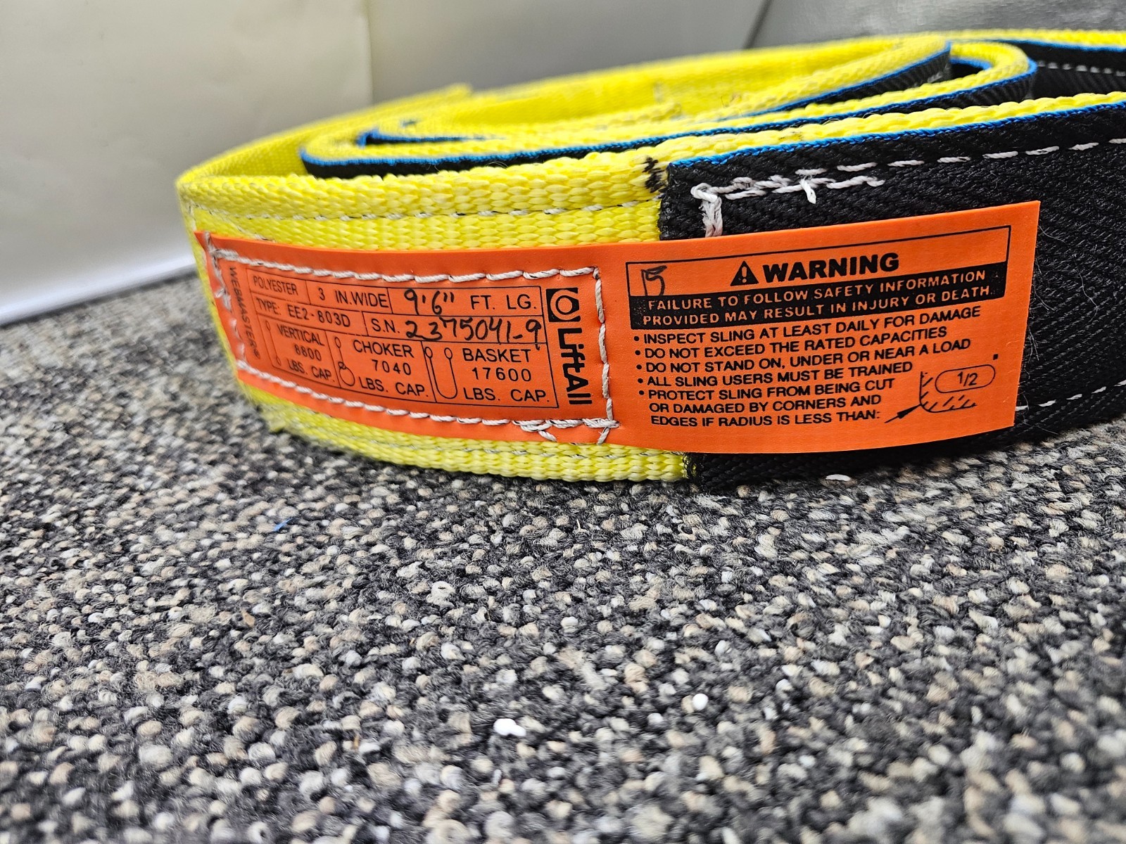 LIFTALL WEBMASTER POLYESTER LIFTING SLING 9' 6" LONG 3" WIDE 8800 LBS VERTICAL