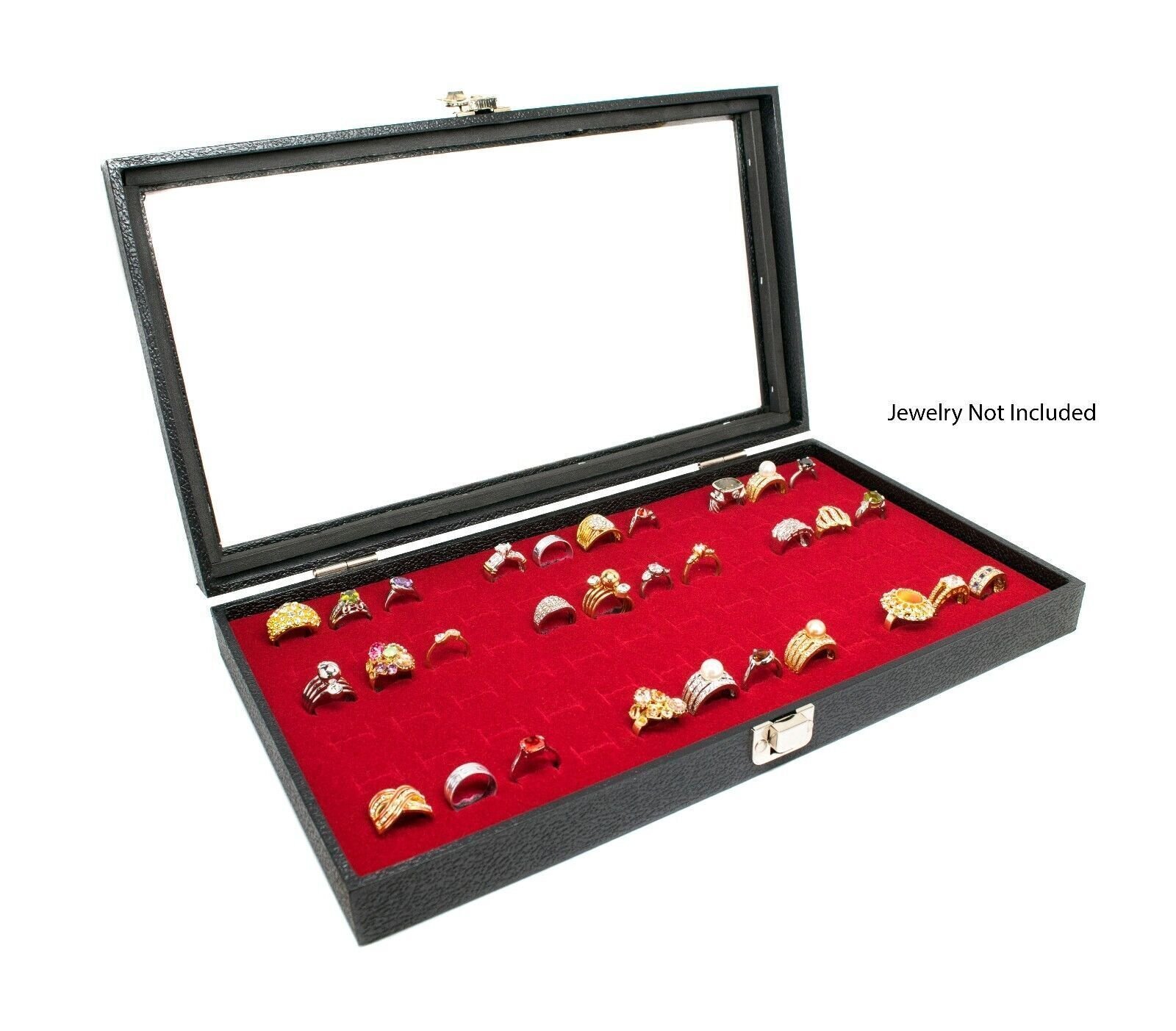 Novel Box Glass Top Black Jewelry Display Case With 36 or 72 Foam Ring Inserts