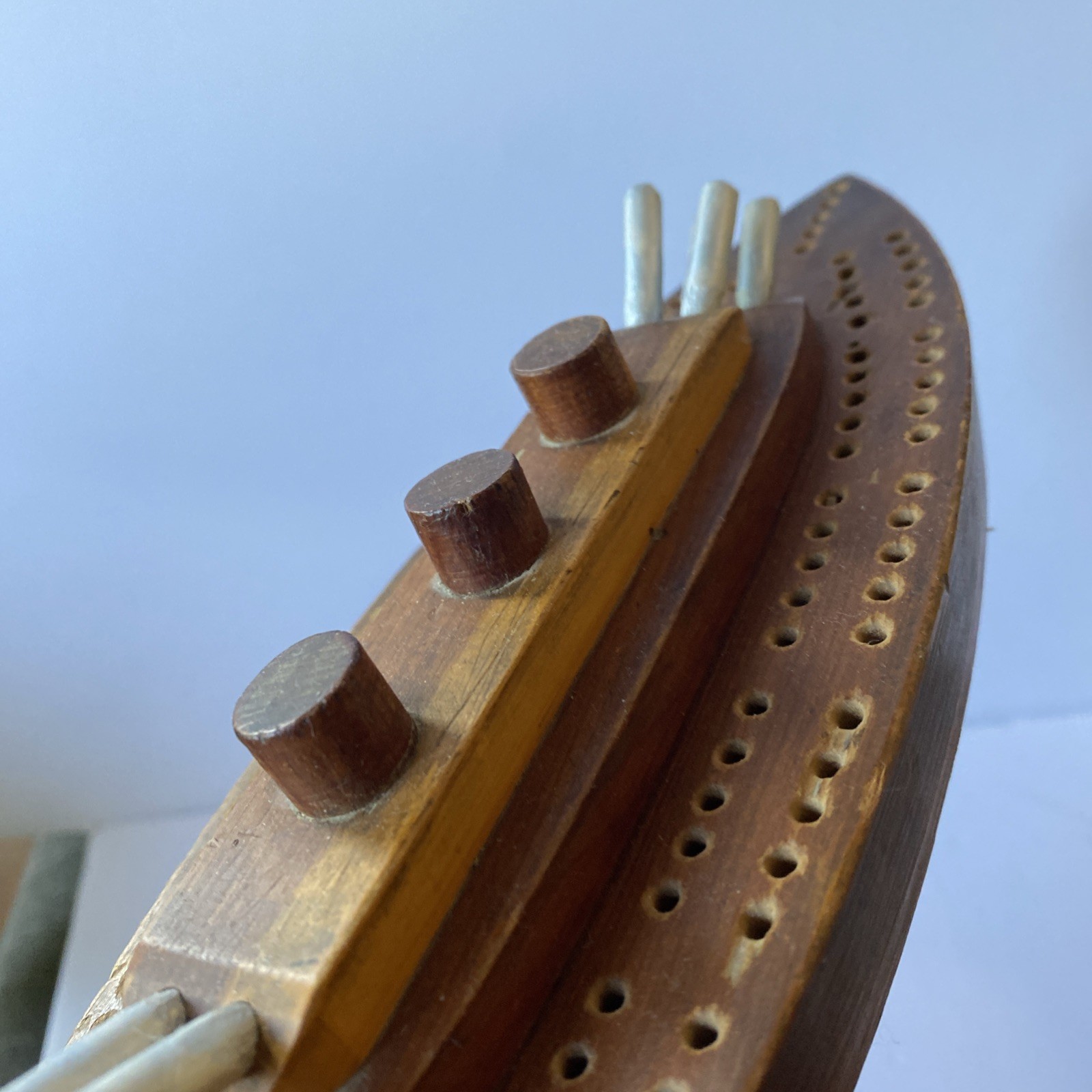 Vintage Folk Art WW2 Trench Art Battleship Cribbage Board Ship