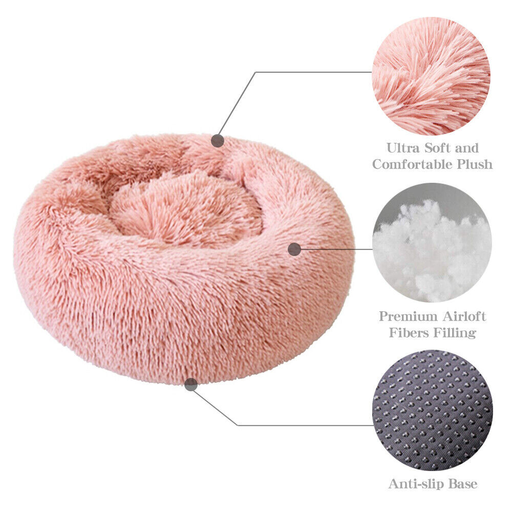 Donut Plush Pet Dog Cat Bed Fluffy Soft Warm Calming Bed Sleeping Kennel Nest