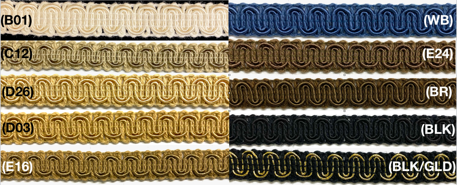 1/2" Scroll Braid Gimp w/ Backing - 12 Continuous Yards - Many Color Options!