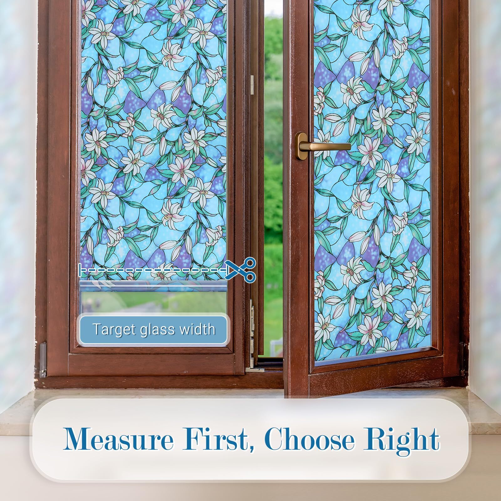 rabbitgoo Stained Glass Window Film Static Cling Blue Lily Decorative Film Door