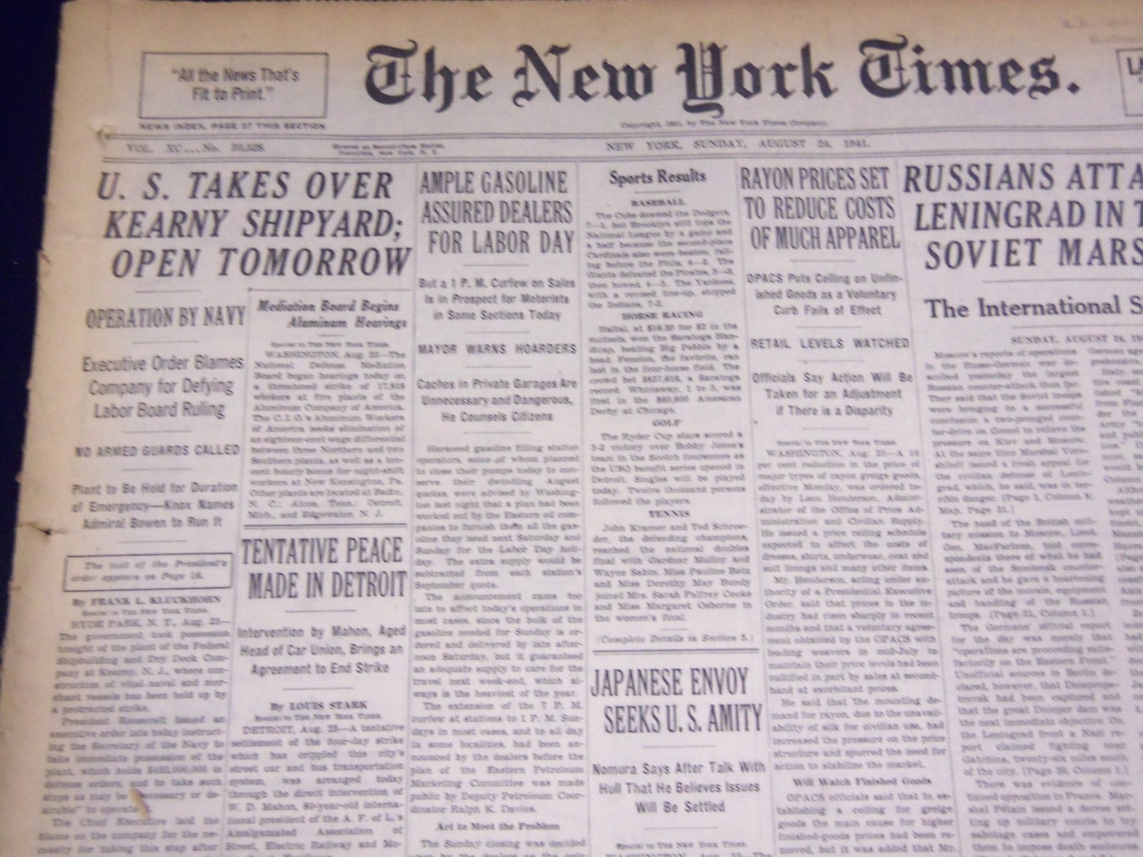 1941 AUG 24 NEW YORK TIMES - U. S. TAKES OVER KEARNY SHIPYARD - NT 1429