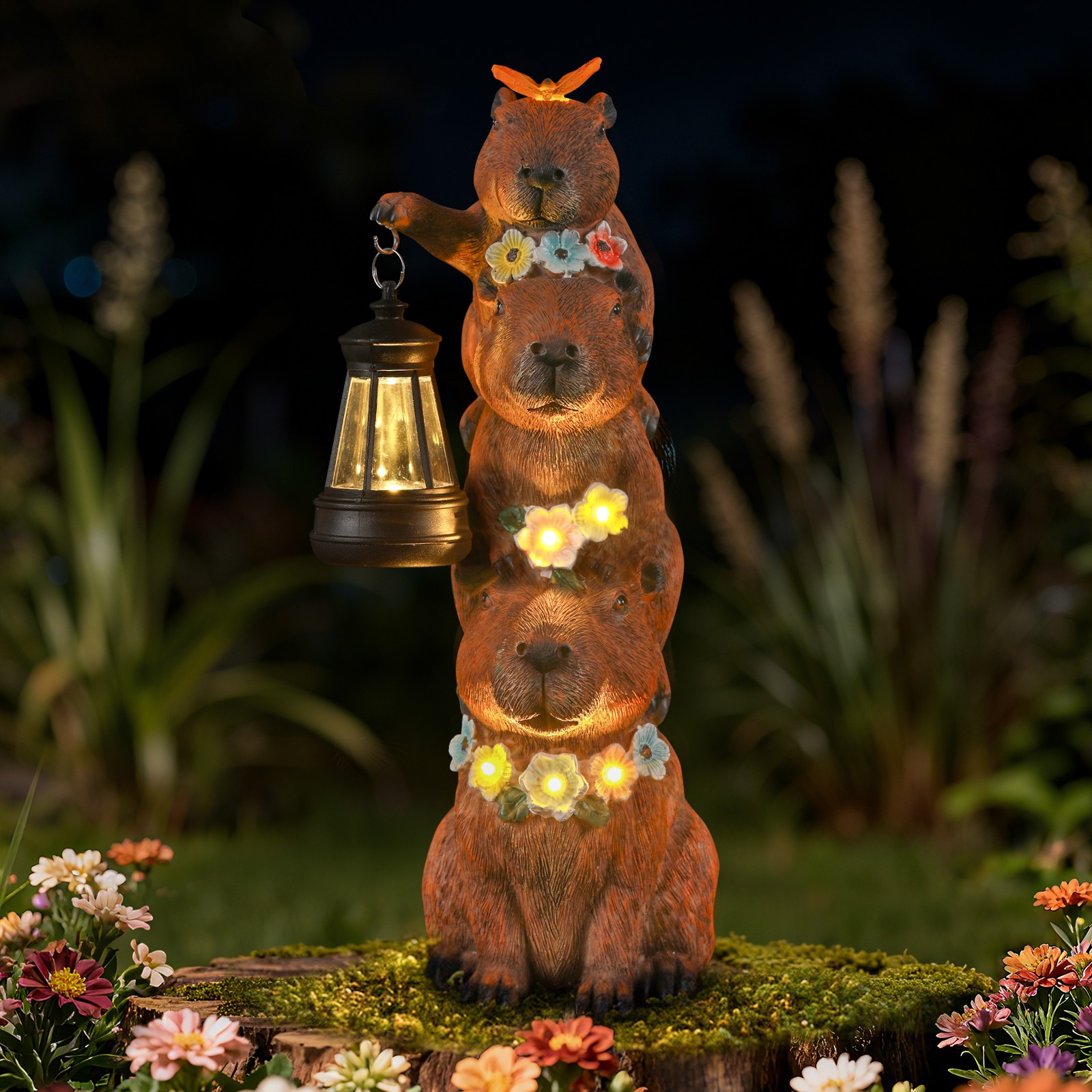 Solar-Powered Capybara Statue with LED Lights & Flowers - Outdoor Decor
