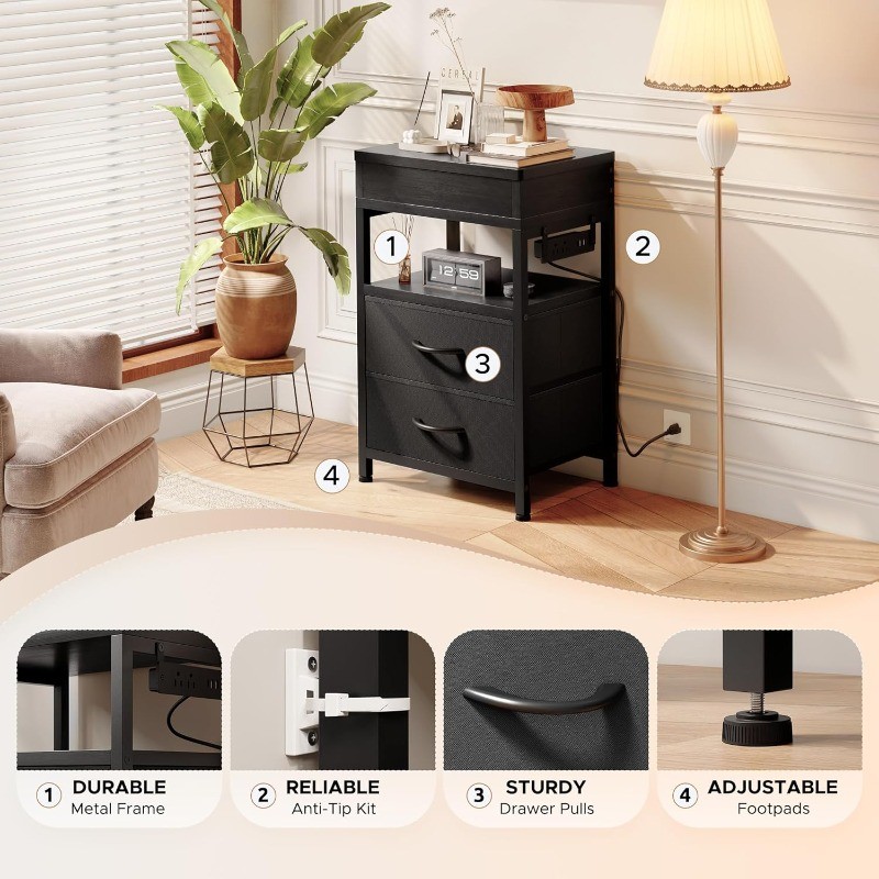 Hidden Drawer Charging Table - Night Stand with Charger Station and Sliding Top