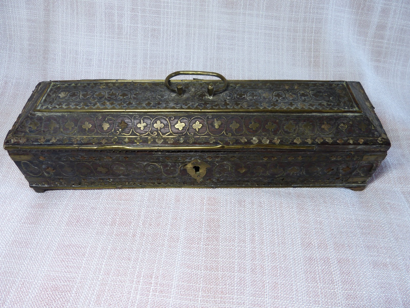 Antique 19th Century 19th Century Brass Inlay Wooden Glove Box Set