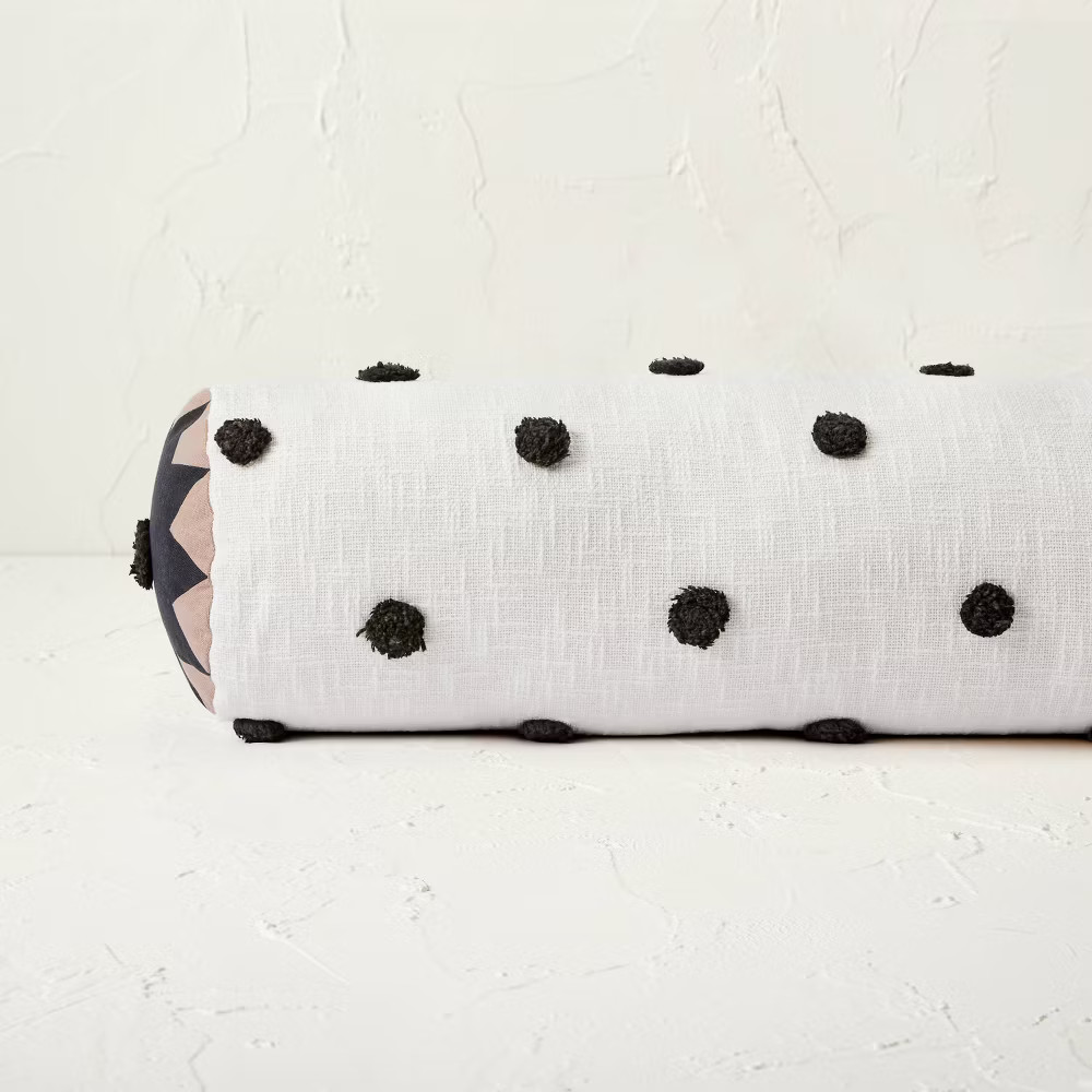 Opalhouse Jungalow Tufted Bolster Pillow Cotton 36x8, Off-White/Black Polka Dot