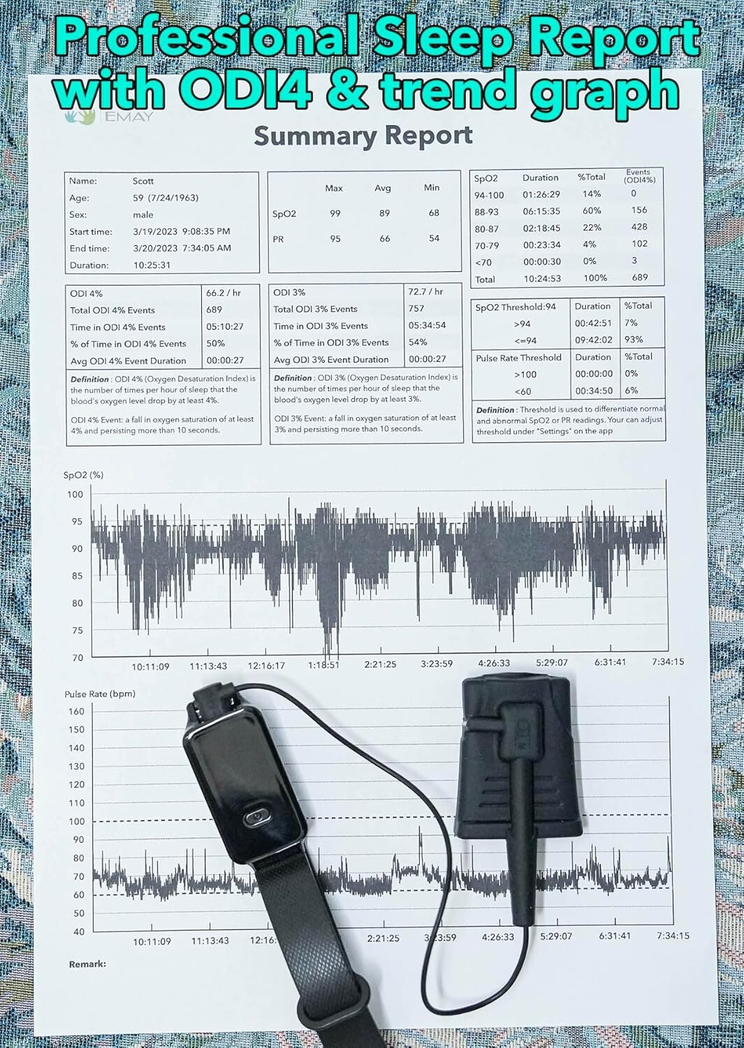 EMAY SleepO2 Wrist Recording Pulse Oximeter Continuous Oxygen Monitor/ Brand New