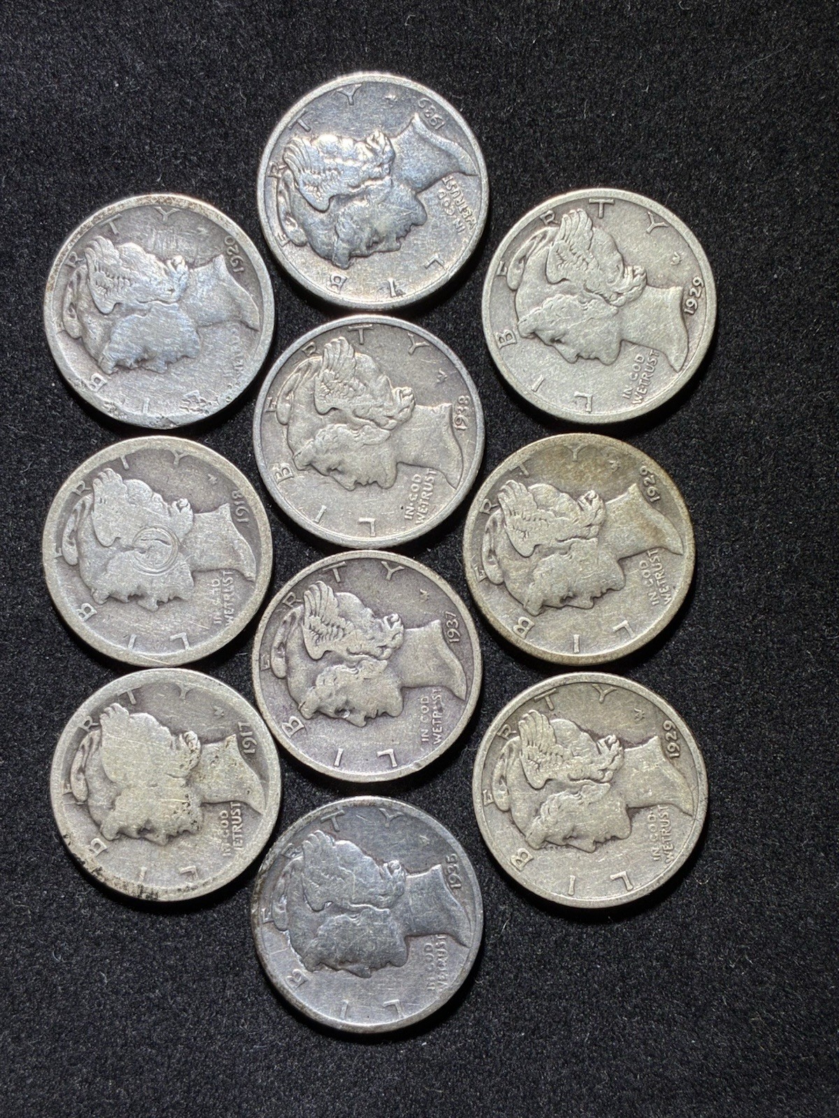 10 Mecury Dimes: 1917D; 1918S; 1920S; 1935D; 1937D; 1938S; 1939D; 1929+D+S