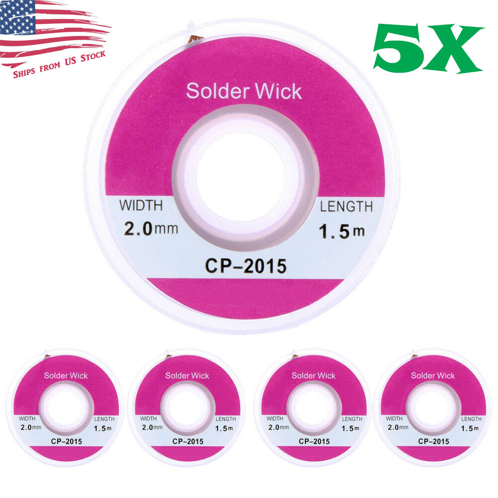 5 Rolls 2mm x 5ft Desoldering Braid Wick Solder Remover w/ No Residue Rosin Flux