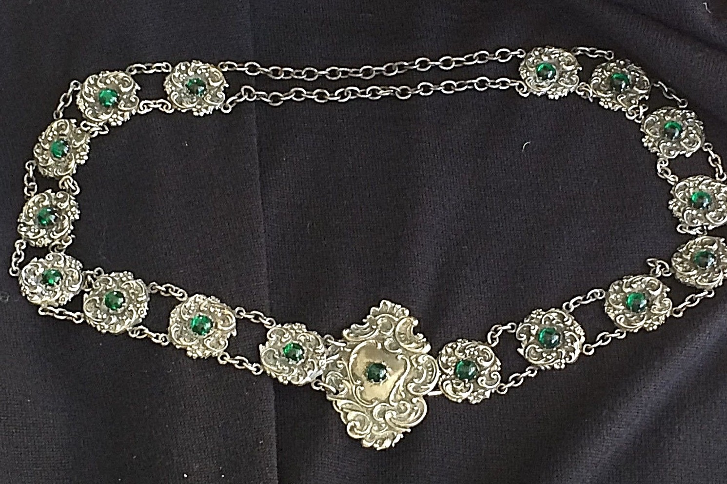 Antique Art Nouveau Victorian Belt SilverPlate Embossed Emerald Glass Stones 30"