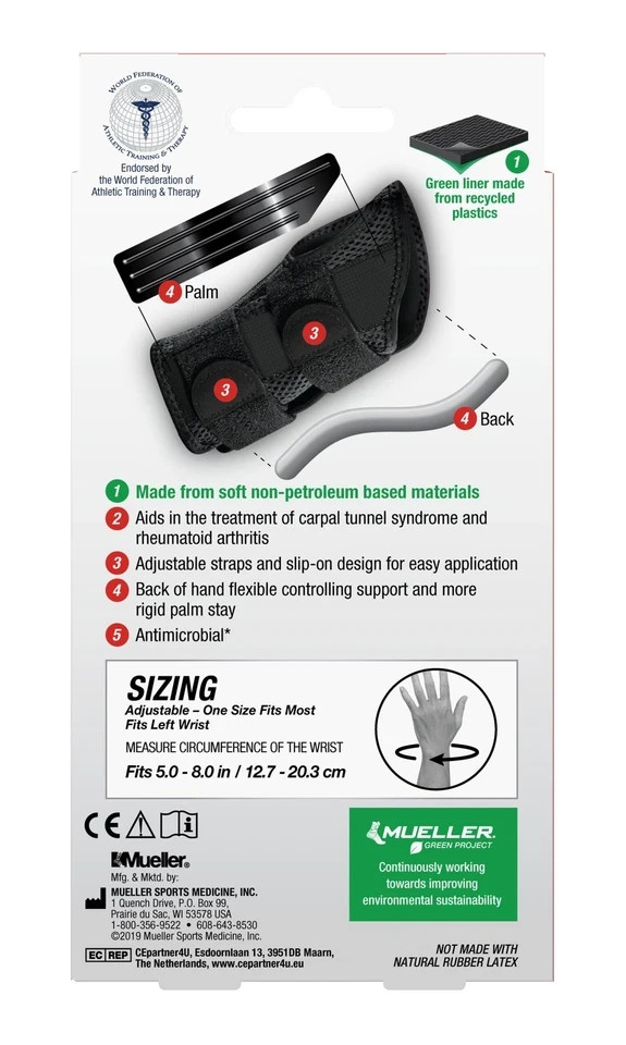 Mueller Green Fitted Wrist Brace, Left Hand, Unisex, One Size Fits Most,