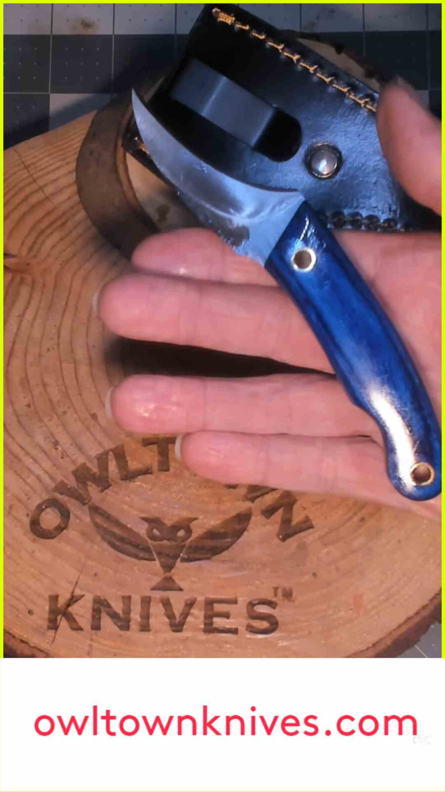 Owltown Pivia Moon Knife, Pikal, Elvia fusion 12c27 steel clip on leather sheath