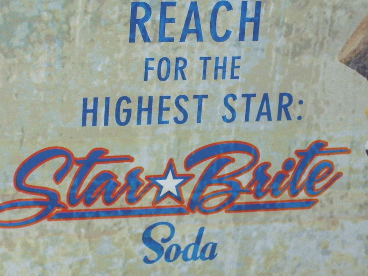 STAR BRITE SODA - TIN SIGN - Shows PRETTY GIRL - Drinking from OLD GLASS BOTTLE