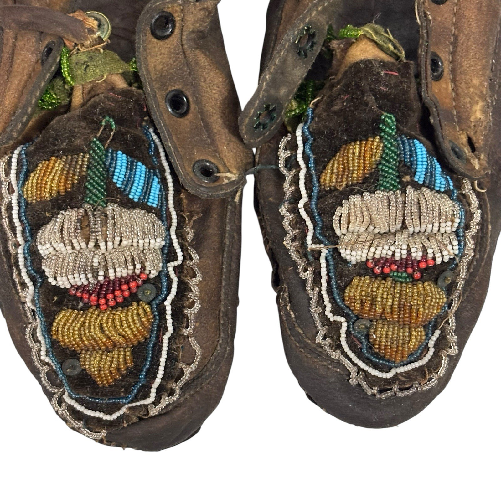 Old Antique Plains Native American Indian Beaded Moccasins Decorated Hide Shoes