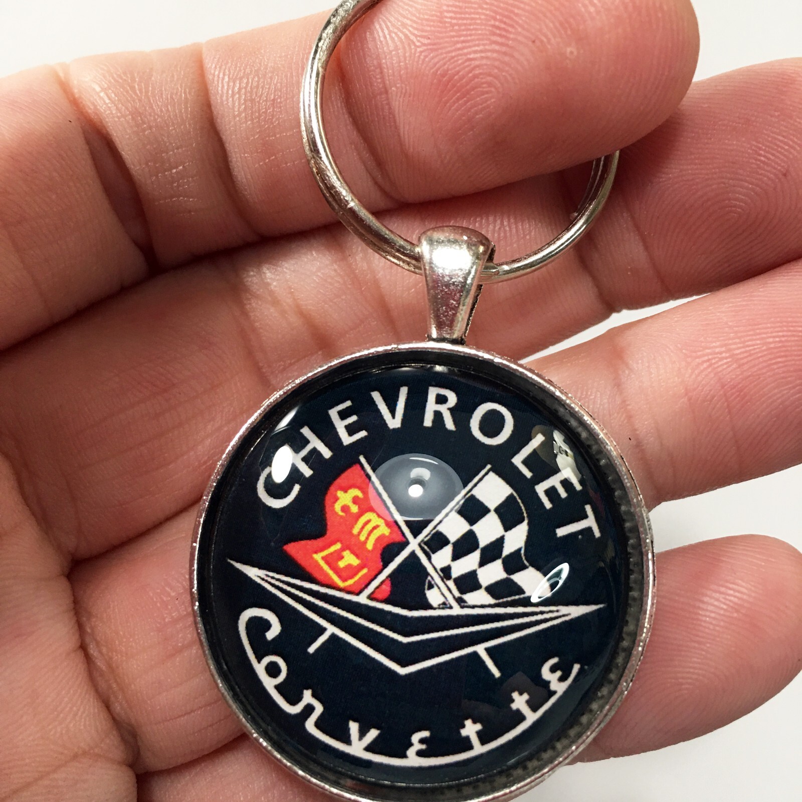 Old School Vintage Chevrolet Corvette Racing Flags Logo Emblem Keychain