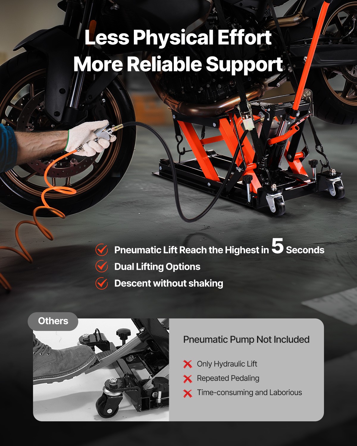 VEVOR 1500lbs Hydraulic & Pneumatic Motorcycle Jack Lift Hoist Stand Bike