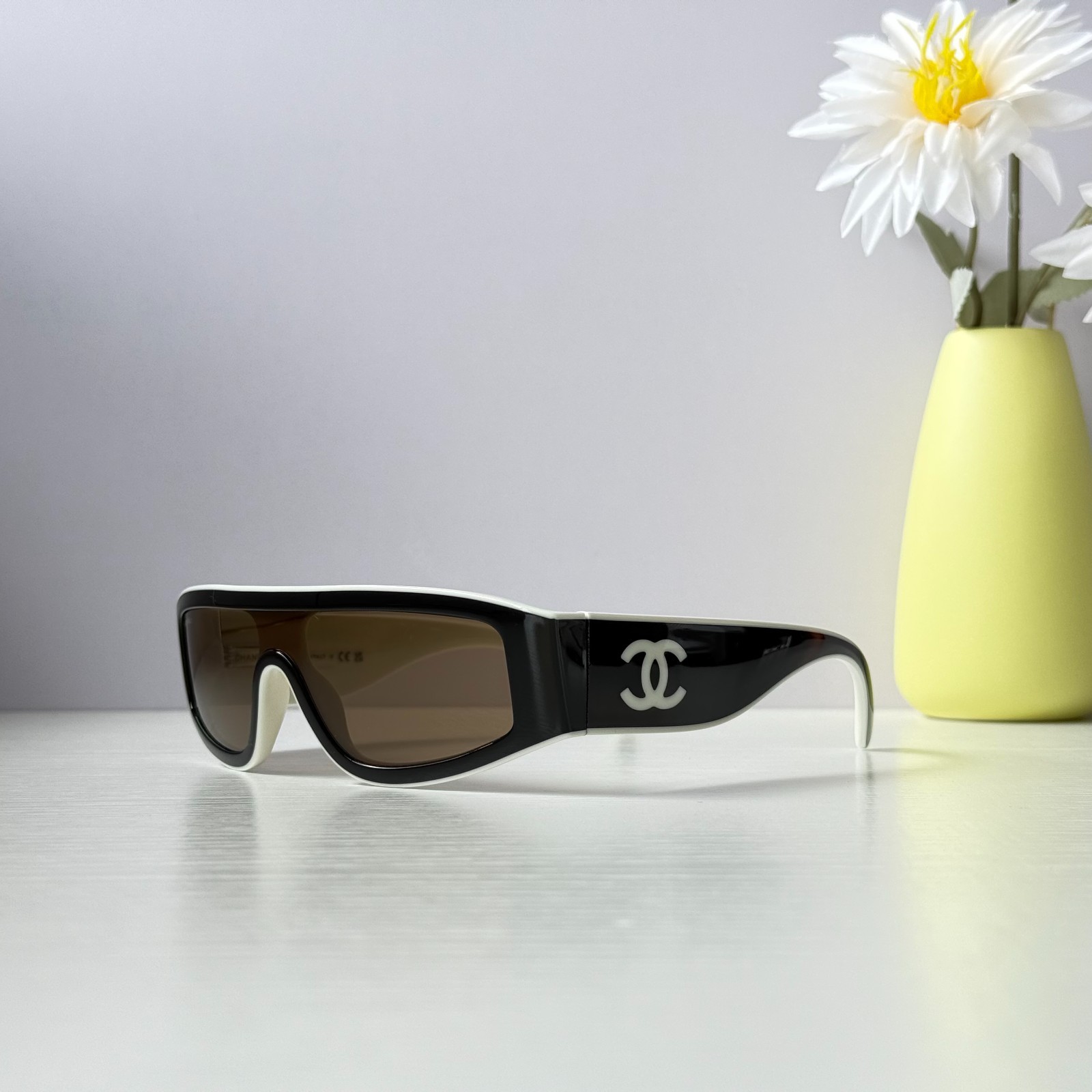 Chanel CH6057 Sunglasses Black/Beige Shield Wrap Brown Lens
