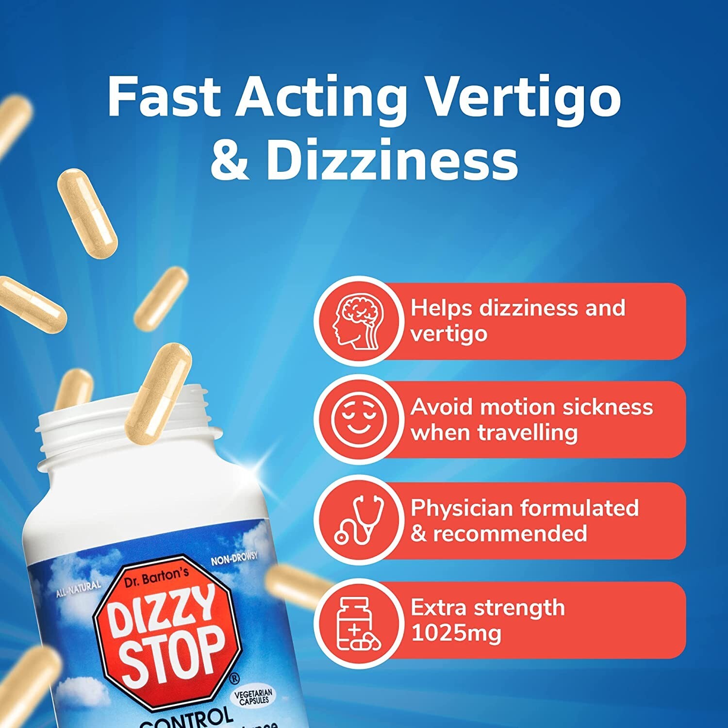 DizzyStop Herbal Supplement for Vertigo Relief Dizziness, Motion Sickness 2 Pack