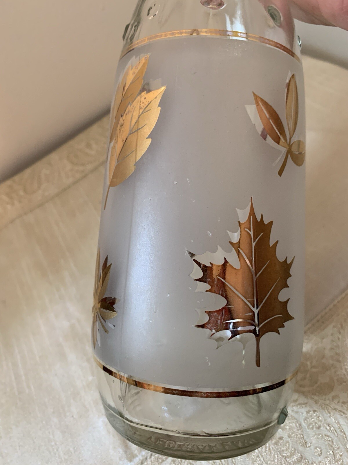 Vintage Libbey Frosted White with Gold Leaves Bottle/Decanter 12” Tall 3” High