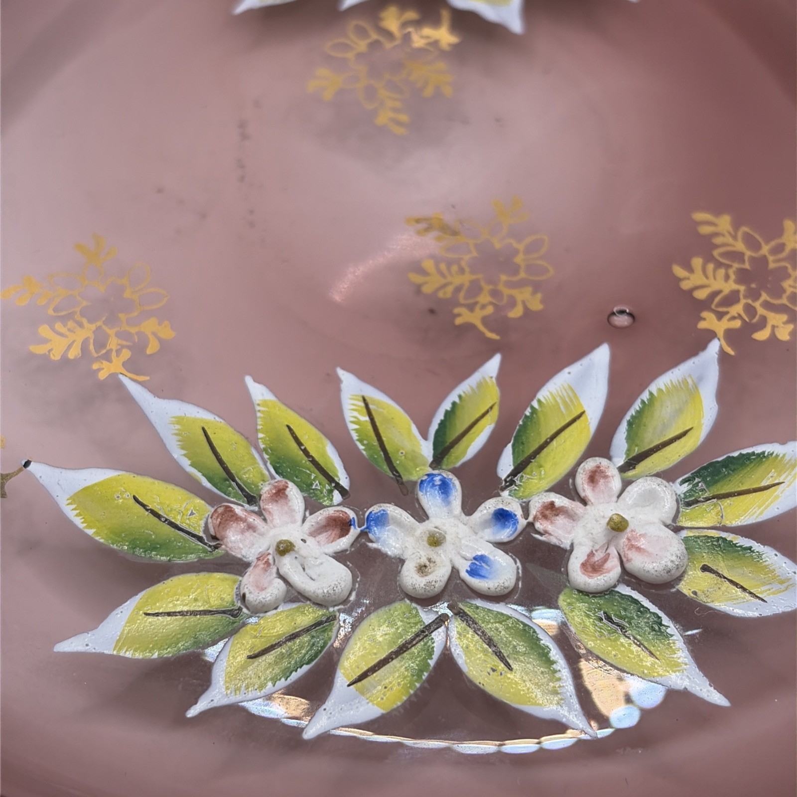 Vtg Bohemian Amethyst Glass Enamel Flower Dish Gilded Edge 6”x 1” Painted