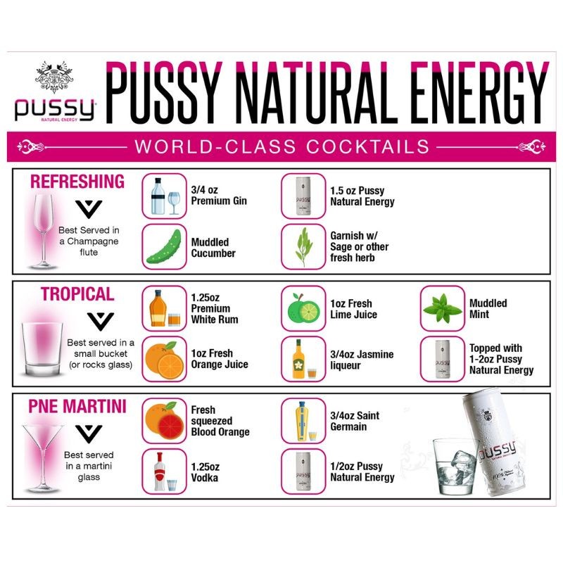 Pussy Natural Energy Drink – 4/6/12/24 Pack – Natural Formula – Free Shipping