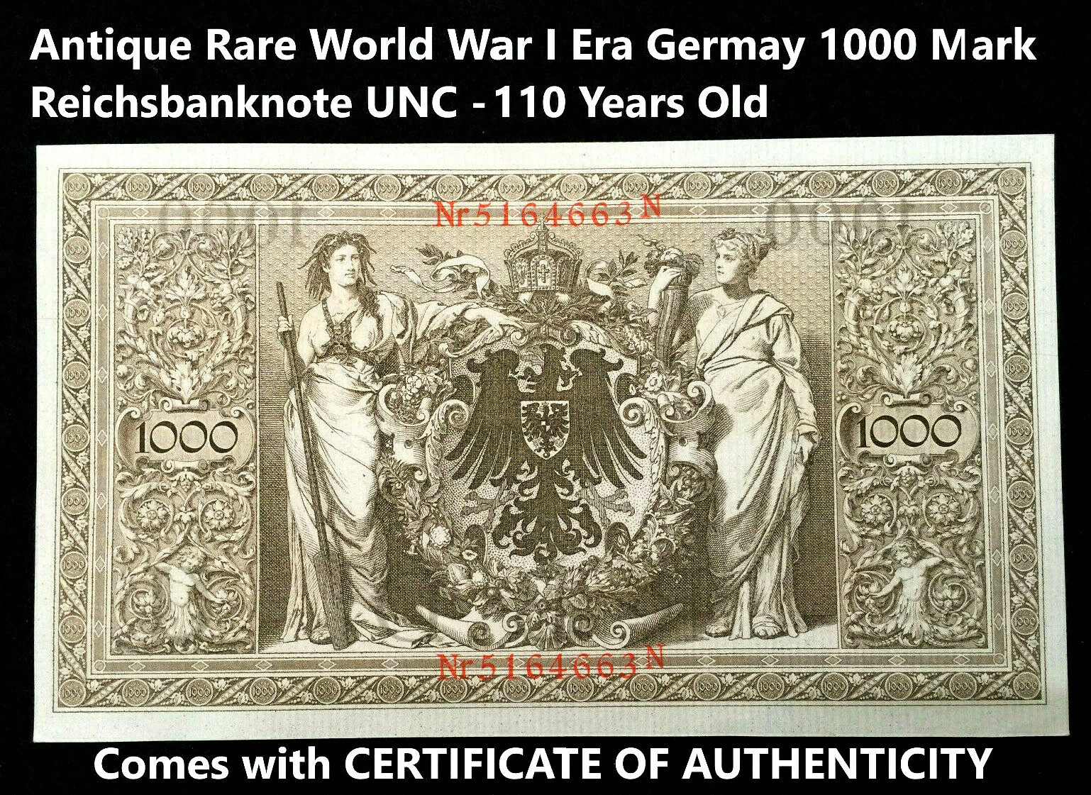 Antique Rare World War I Era Germany 1000 Mark Reichsbanknote UNC -110 Years Old