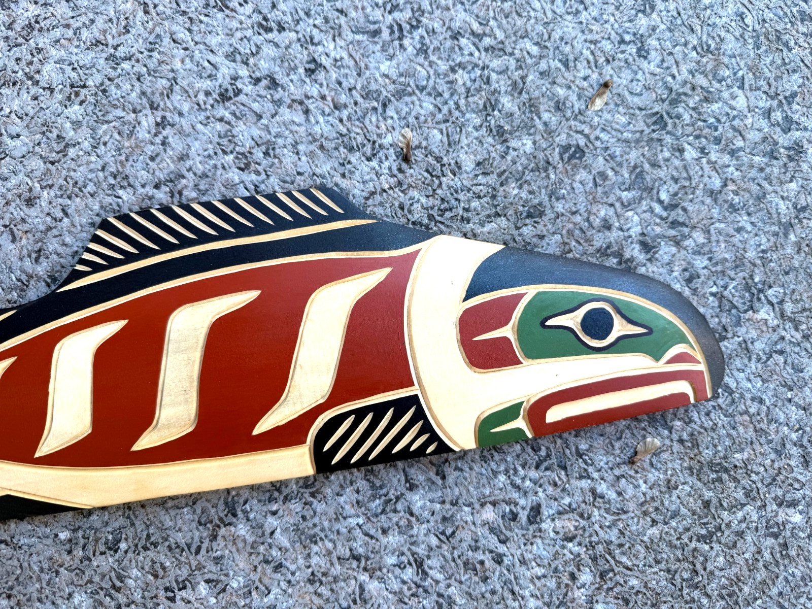 Northwest Coast Native Large Detailed Yellow Cedar burgandy Salmon wood carving