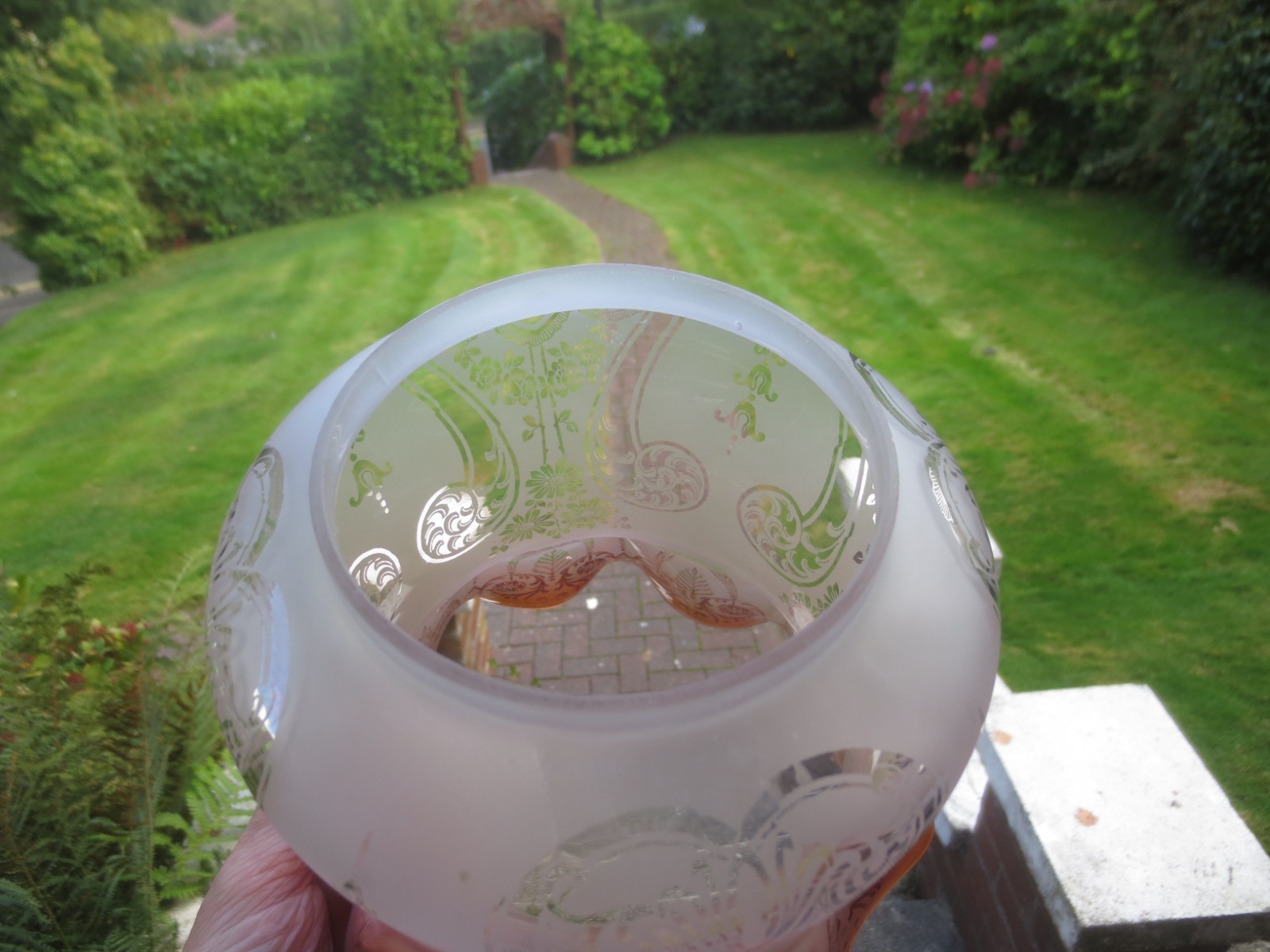 ORIGINAL ANTIQUE TALL GLASS DUPLEX ACID ETCHED TULIP OIL LAMP SHADE