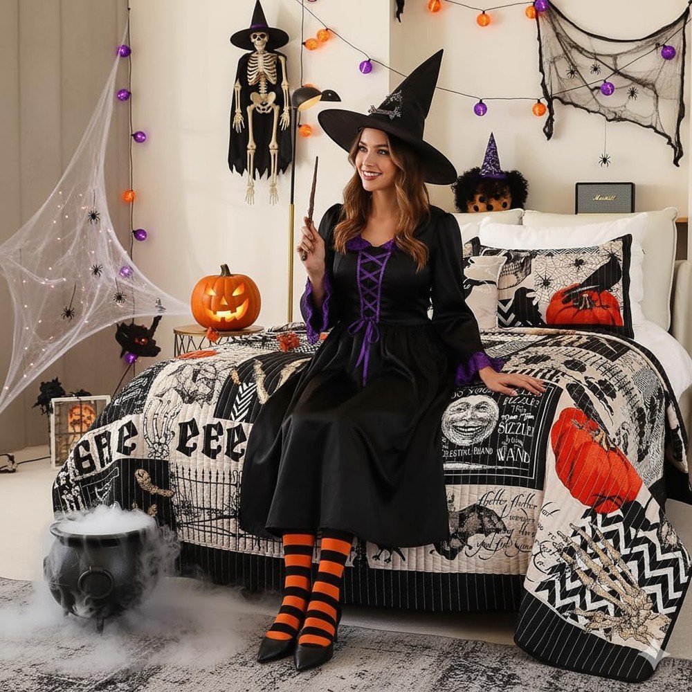 4 Piece Halloween Quilt Set Queen Size Bedspread Pumpkin Ghost Coverlet 90"x90"