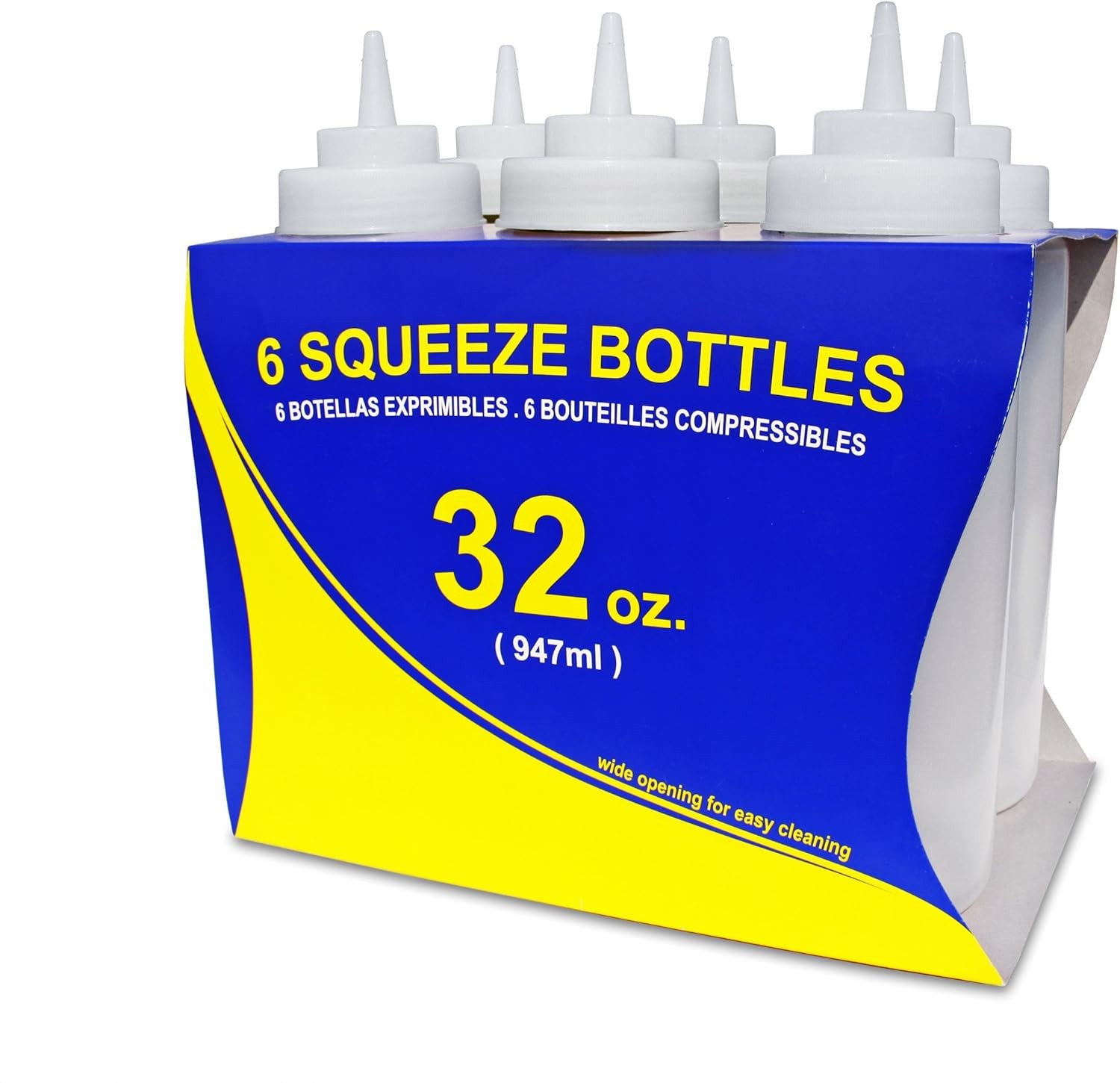 Foodservice Squeeze Bottles, Plastic, Wide Mouth, 32 oz, Clear, Pack of