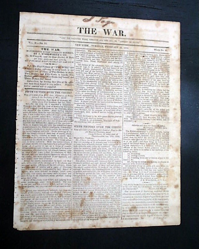 WAR OF 1812 Wins Battles of Emuckfaw & Enotachopo Creeks Indians 1814 Newspaper