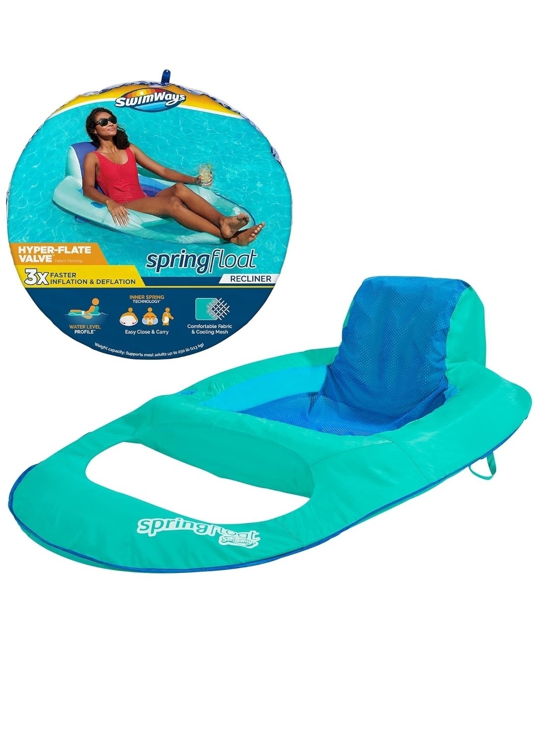 SwimWays Spring Float Recliner Pool Lounge Chair Hyper-Flate Valve Aqua 55”x38”