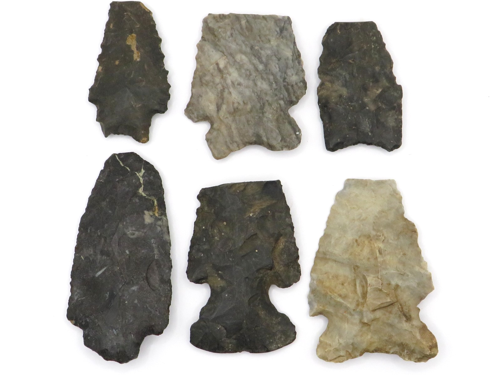 6pc LOT of NOTCHED INDIAN ARROWHEAD - AUTHENTIC w GREAT COLORS**